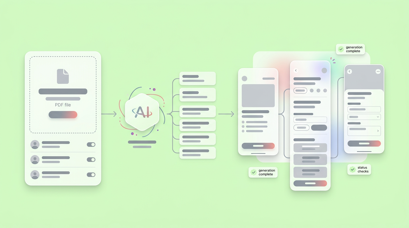Document parsing interface showing a PDF wireframe translating into an interactive UI framework.