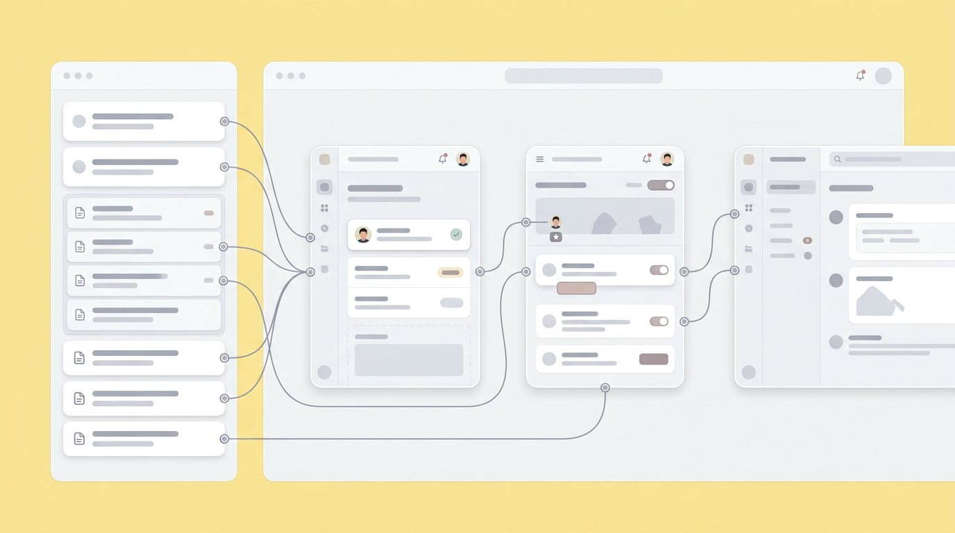 A visual mapping interface showing a transition from text requirements to a clickable user flow.