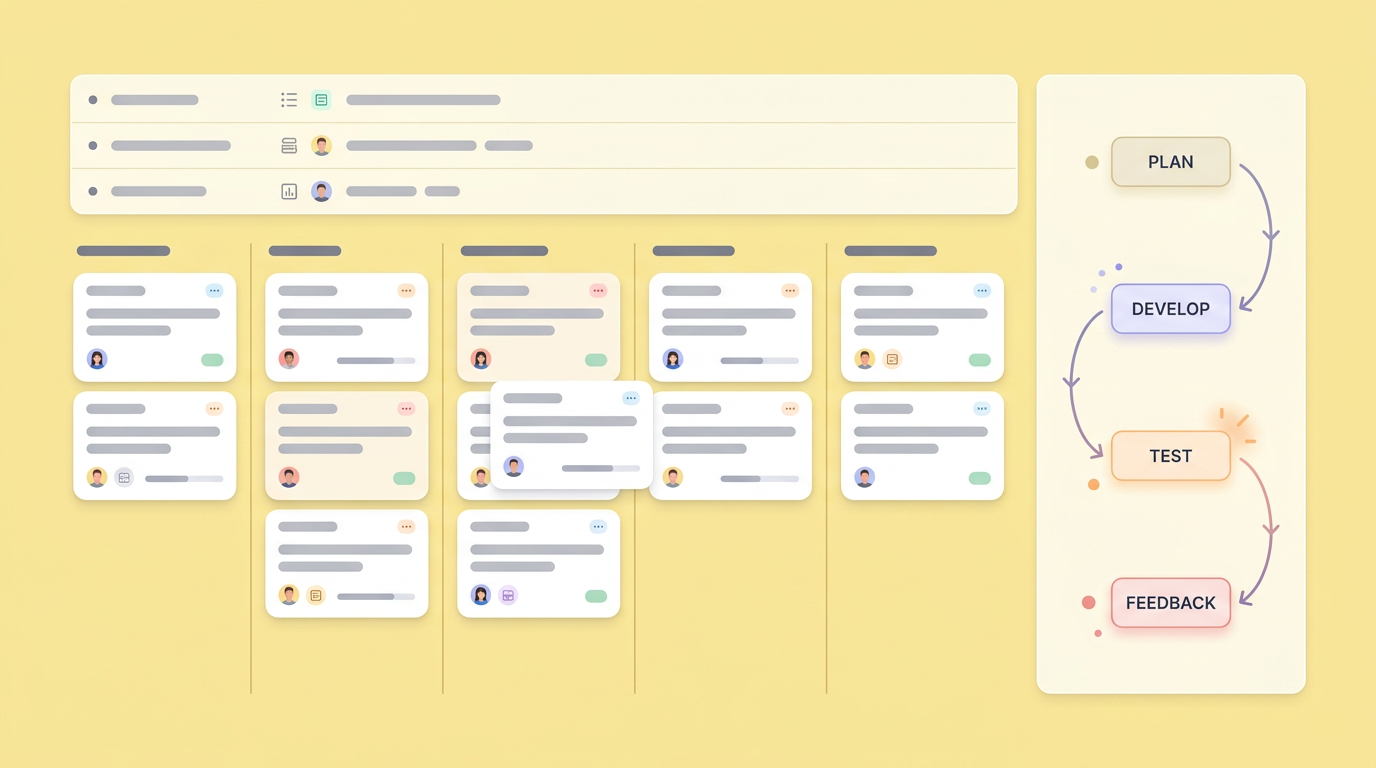 Soft UI mockup of an interactive sprint planning board with a testing feedback loop diagram side panel.