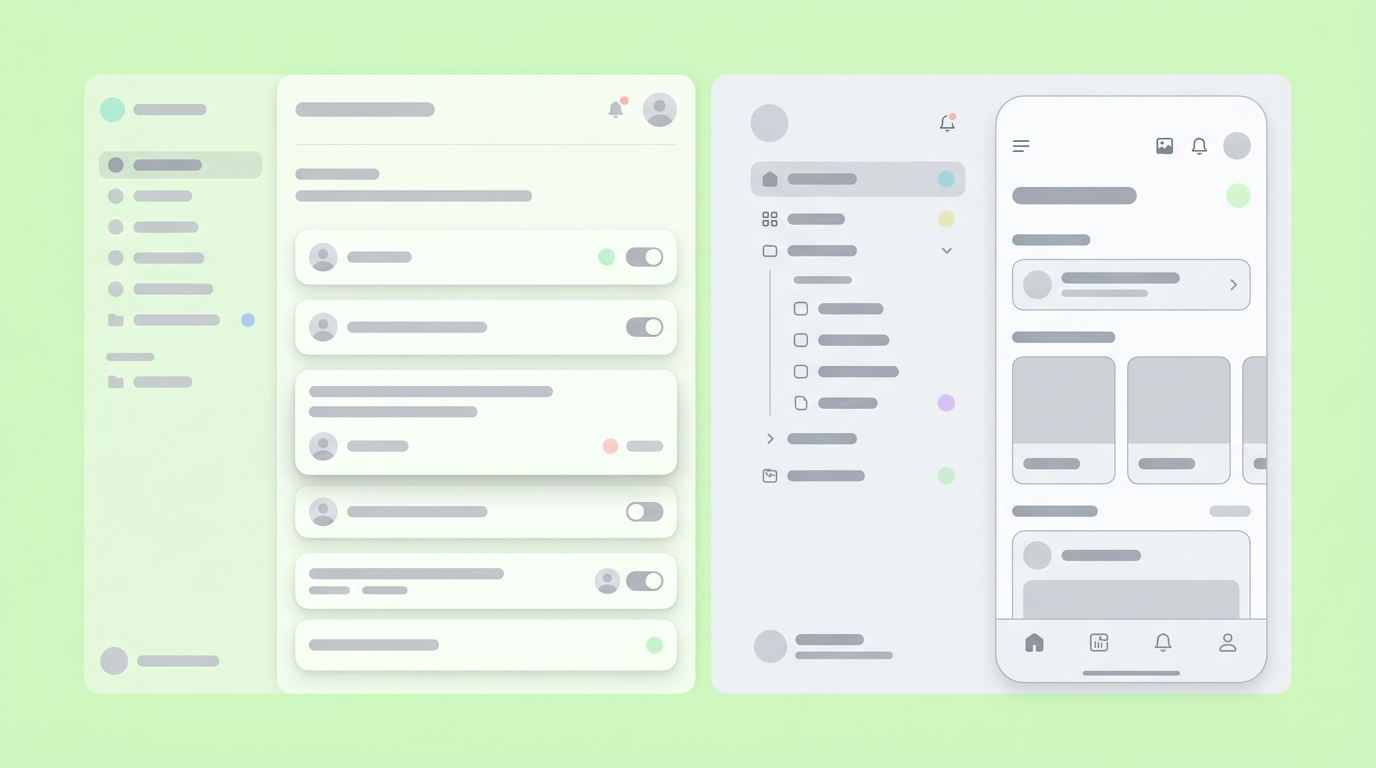 A soft UI mockup showing a split screen with research notes on one side and a clickable wireframe on the other.