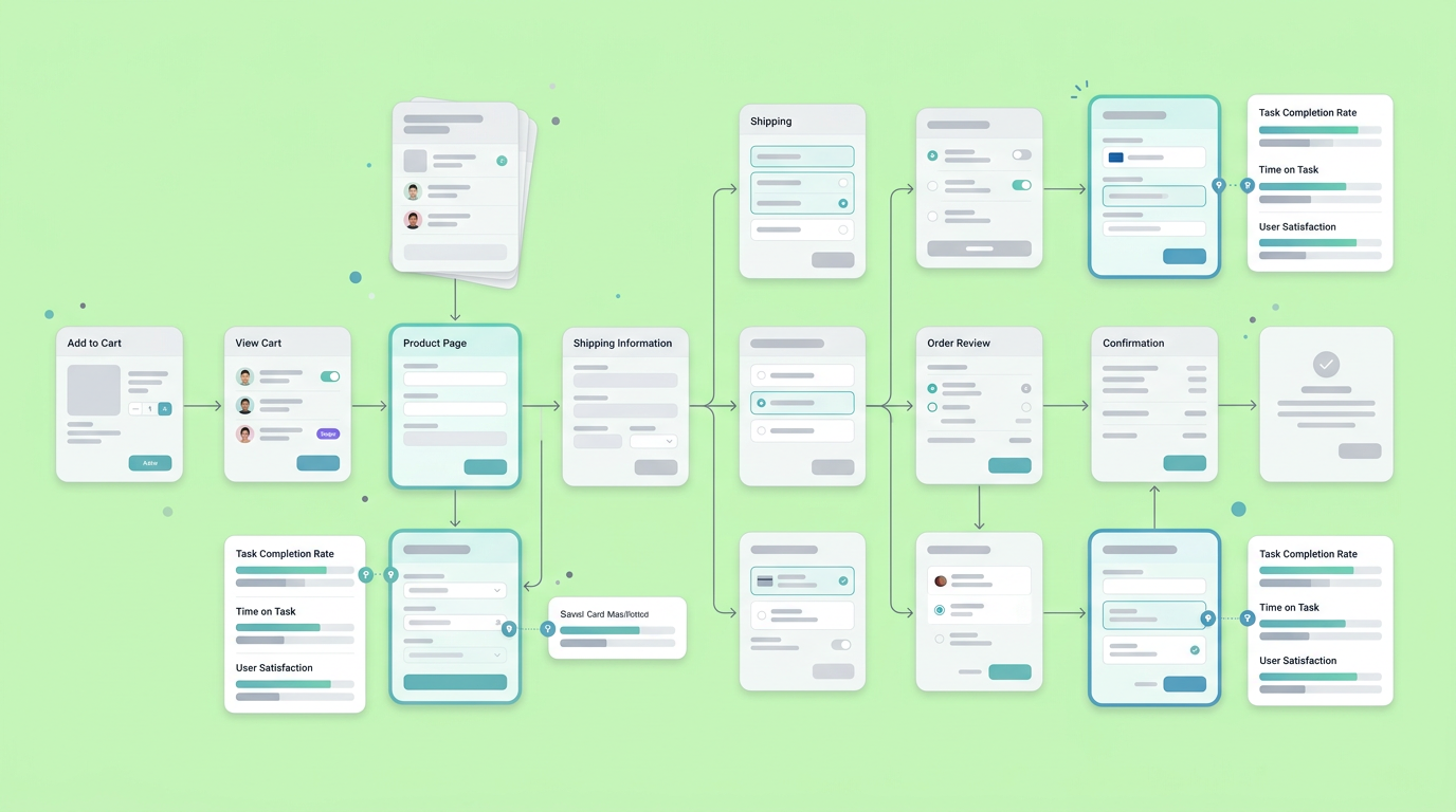 A soft UI mockup displaying a user flow diagram highlighting a targeted assumption test.