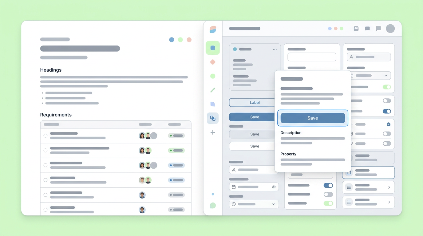A split-view interface showing product requirements linked directly to an interactive UI component.