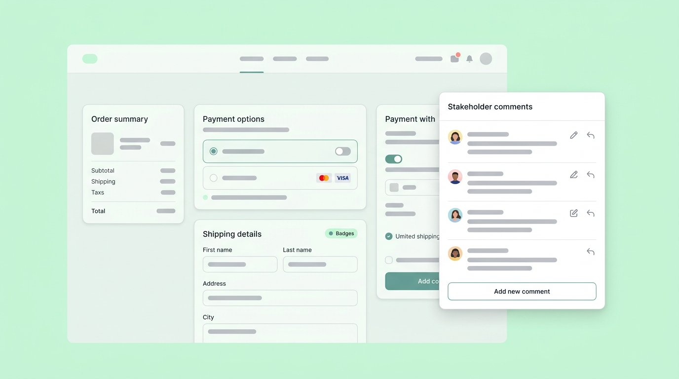 A stakeholder commenting feature overlaid on a clickable prototype flow.