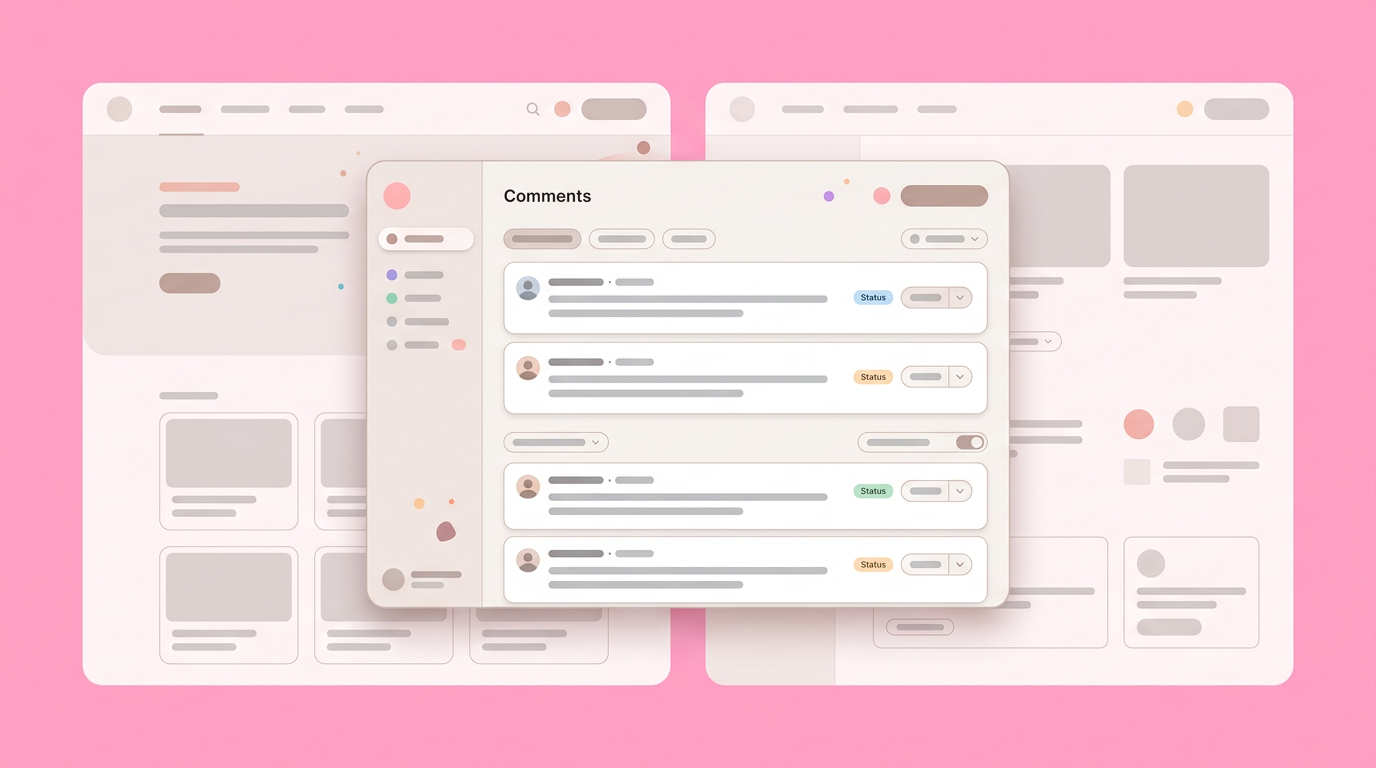 A soft UI mockup showing a centralized comment inbox layered over a prototype canvas.
