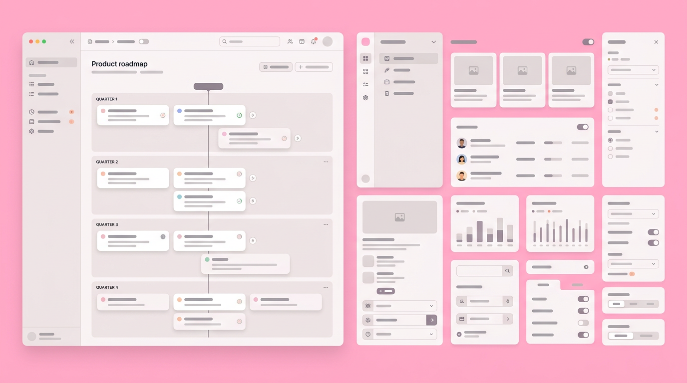 A soft UI mockup showing a product roadmap timeline mapping directly to specific UI components.