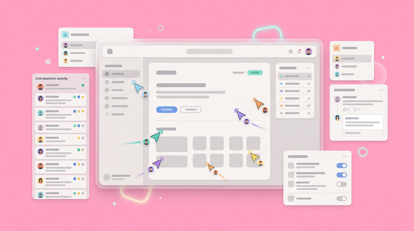 A soft UI mockup illustrating a collaborative review environment with multiple user cursors interacting with a single product screen.